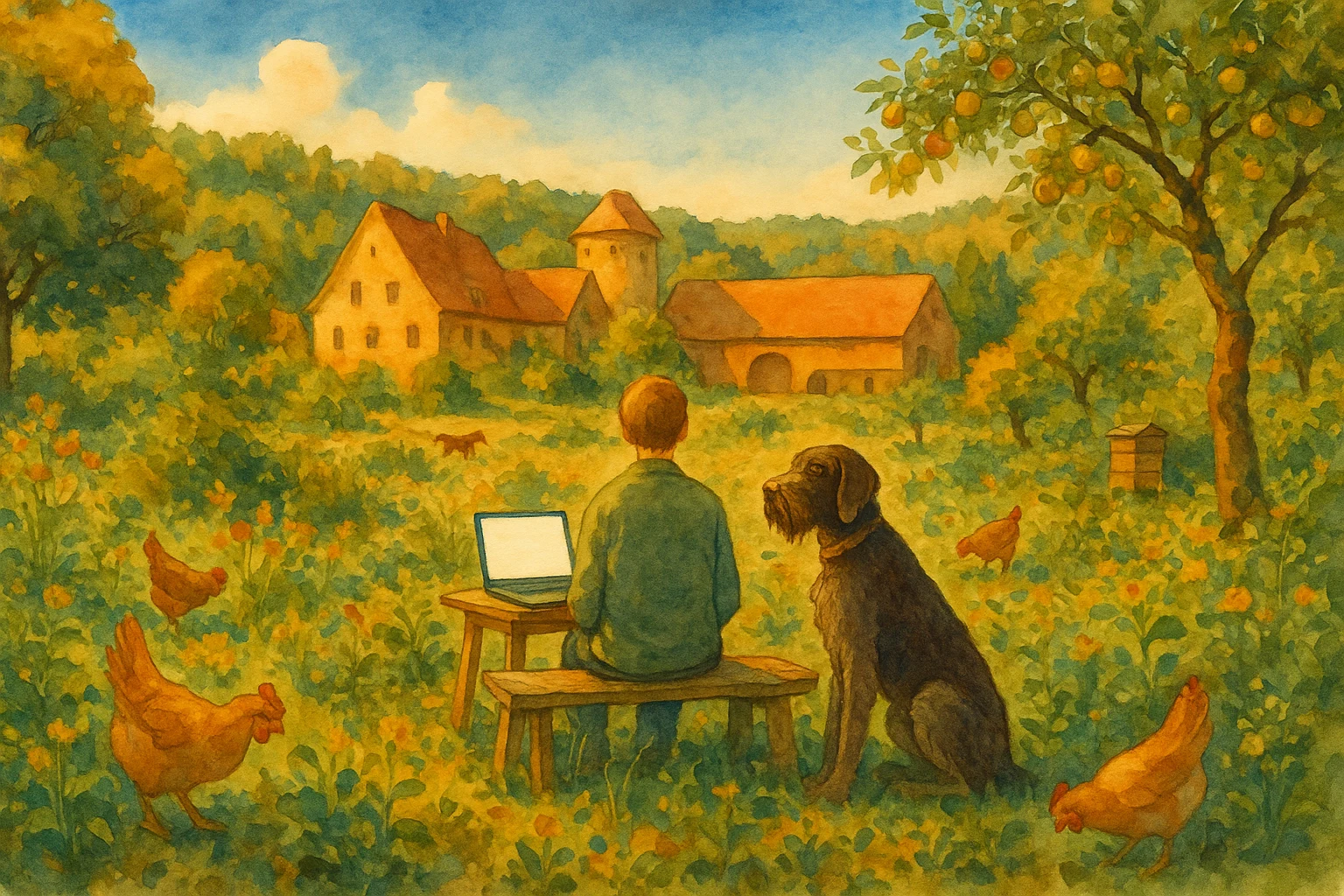 Dirk im Permakultur-Garten mit Laptop und Deutsch-Drahthaar