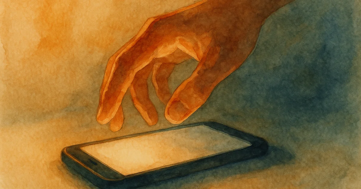 Aquarell-Illustration: eine Hand schwebt reflexartig über einem aufleuchtenden Smartphone-Display, kein Raum sichtbar